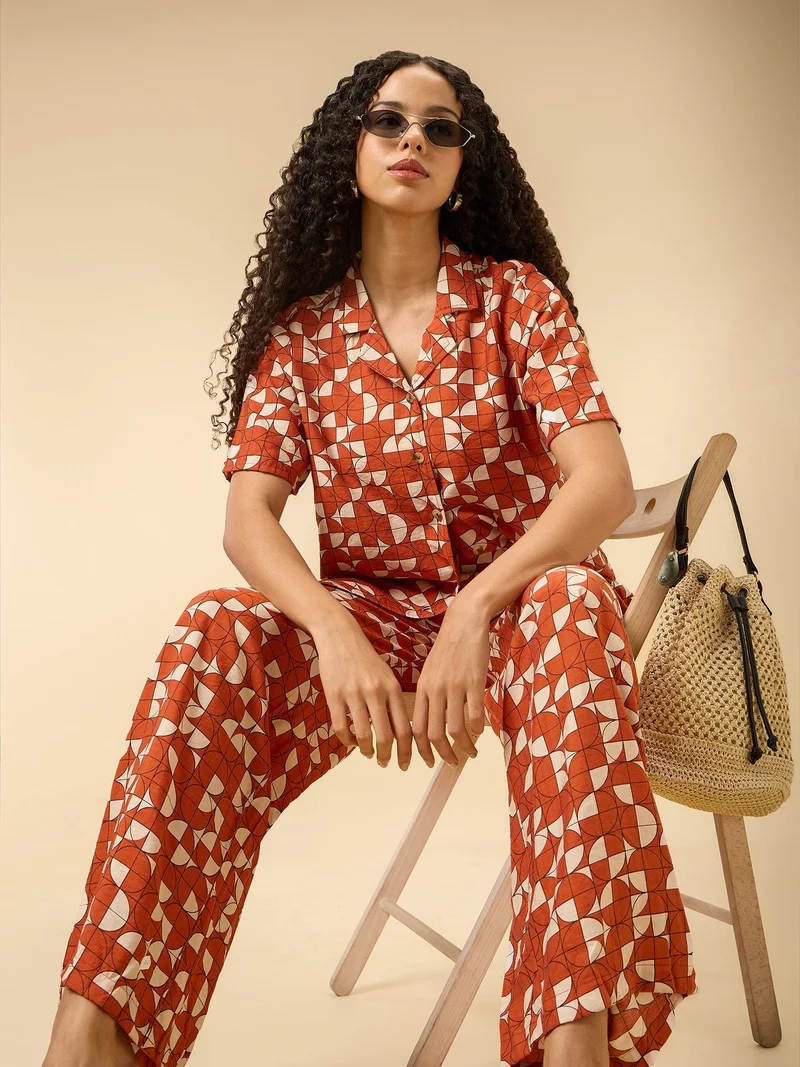 OUTZIDR Brown Rust Abstract Print Top And Pants Co Ord Set for Women | Best Price UAE